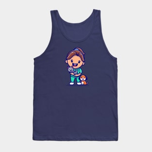 Cute Girl With Cat And Dog Cartoon Tank Top